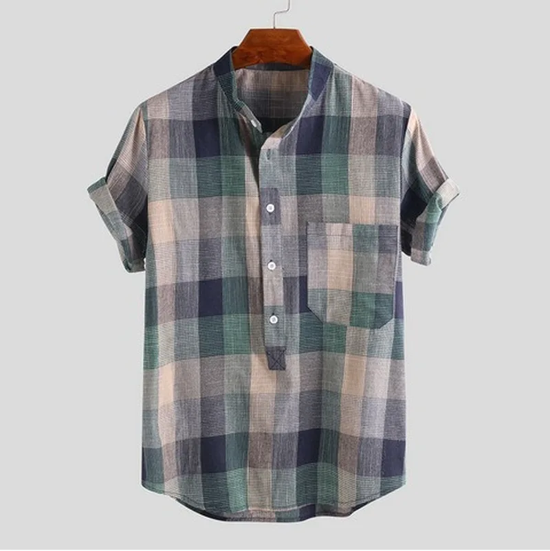 

Camisa Masculina 2022 летние новые мужские рубашки с коротким рукавом повседневные ретро рубашки с воротником-стойкой с цветным блоком мужская одежд...