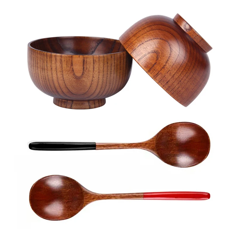 

4Pcs Wooden Bowl Spoon Set Japanese Wood Bowl Soup Spoon Set Small Kitchen Food Serving Dining Bowl for Kids Wooden Tableware