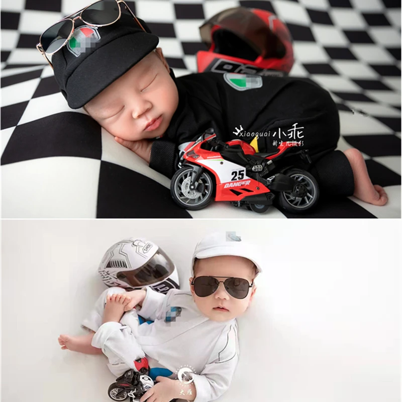 Dvotinst Newborn Baby Boys Photography Props F1 Racing Costume Overalls Caps Motorcycle Helmet Cool Studio Shooting Photo Props