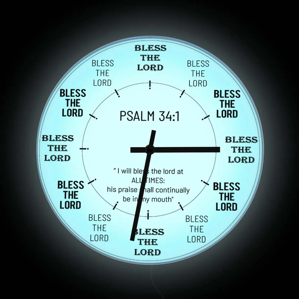 

Bless The Lord Wall Clock with LED Backlight For Bedroom Bible Verse Psalm 34:1 Lighting Clock Bedside Wall Lamp Christian Gift