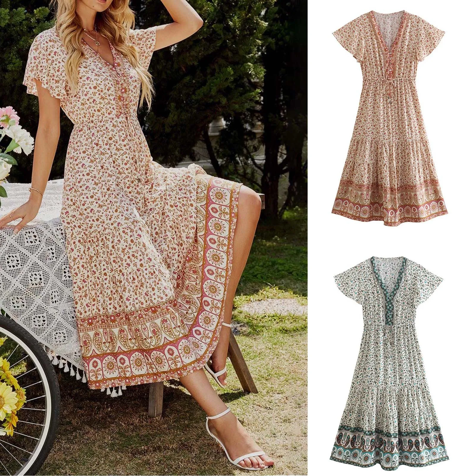 

Женское платье средней длины с V-образным вырезом и цветочным принтом