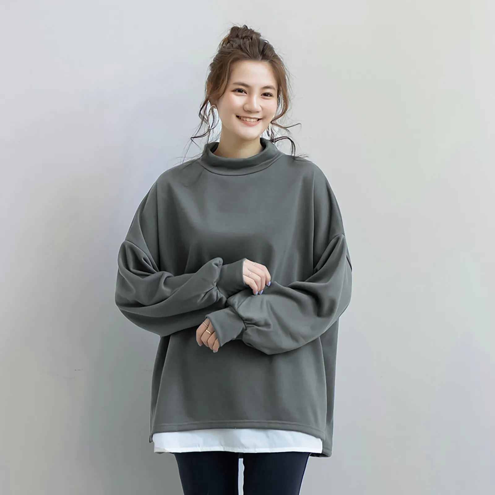 

2022 Autumn Women Casual Long Sleeve Sweatshirt Tops Mock Turtleneck Lightweight Tunic Fall Solid Color Warm Pullovers