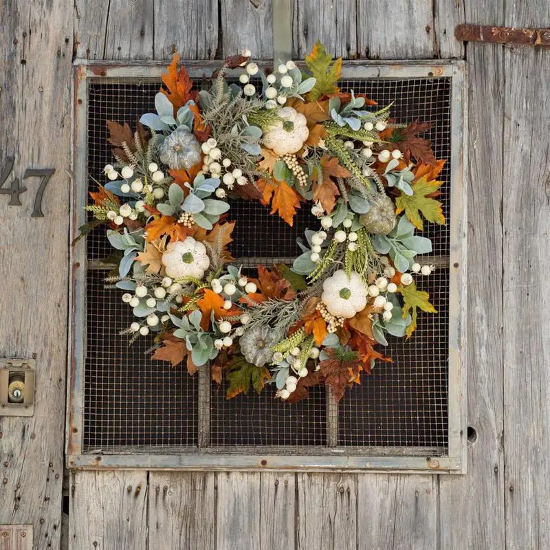 

Thanksgiving Artificial Fall Maple Leaf And Pumpkin Wreath For Front Door Home Farmhouse Decor Harvest Festival Hanging Garland