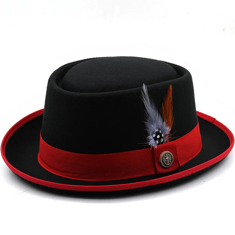 Moda donna uomo cappello a torta di maiale papà cappello Fedora piatto in lana Lady Gentleman giocatore d'azzardo cappello Panama Trilby con piuma di moda 58CM