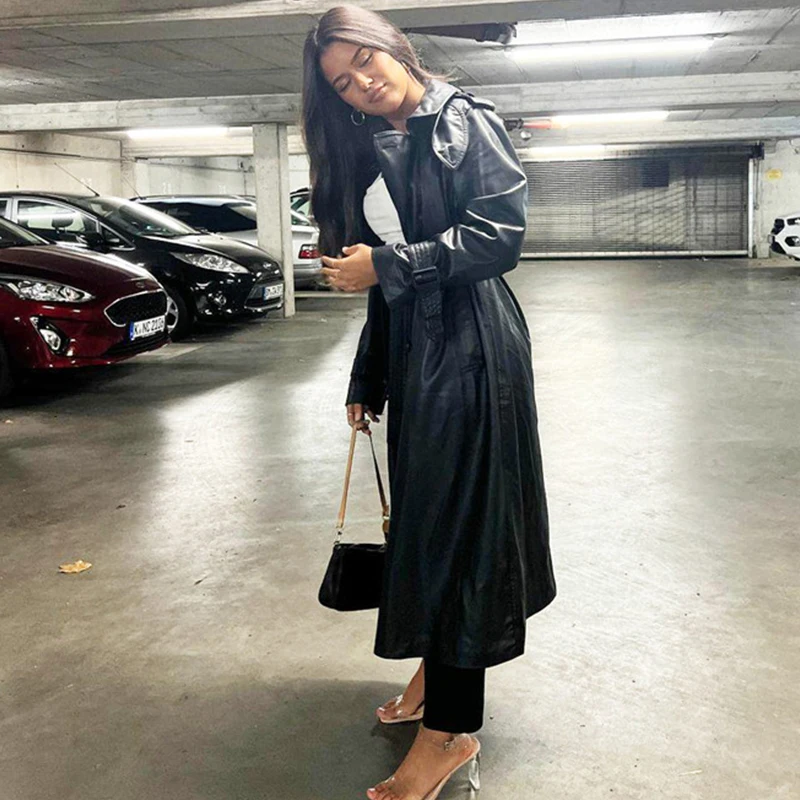 Elegant Black Faux Leather Trench Femme Outwear Fashion Winter Double Breasted Belt Oversize Office Ladies Pu Long Coat Women