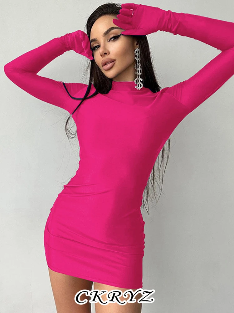 

Ckryz-Women's Long Sleeve Neon Bodycon Mini Dresses O-Neck Sexy Evening Party, Club Wear, Y2K Clothes, Autumn, New Fashion, 2023