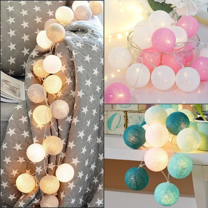 20 LED Cotton Ball String Lights Battery Operated Colorful Garland Fairy Lights for Home Wedding Christmas Party Outdoor Decors