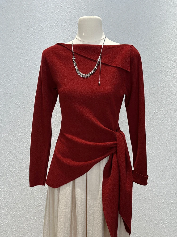 Gentle Sle Sweet Knitted Long sleeves Shirt Women Autumn Fashion Temperament off-Neck Lace-up Bottoming Unique Top