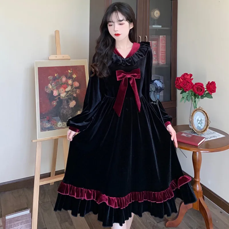 

Flannel French Vintage Lolita Girl Velvet Women Dress Autumn Winter Large Size 4xl Cute Fashion Warm Black Elegant Vestido