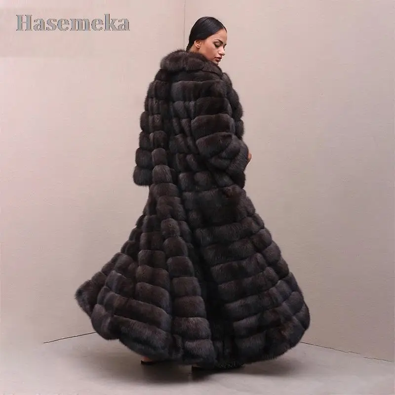 

New Luxury Real Fox Fur Coat Women Winter Nature Fur Sable Color Plus Size 130cm Long Removable Real Fur Jacket