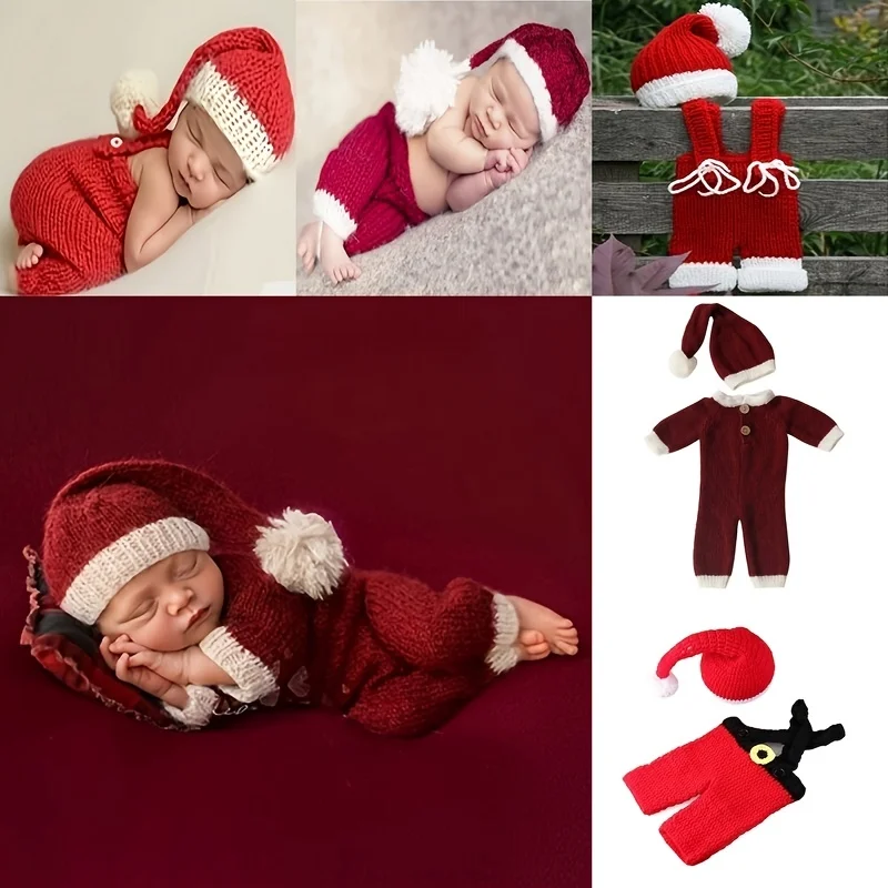 

Newborn Photography Prop Cute Christmas Hat + Baby Clothes Hand Knit Christmas Decor Infant Hat Photography Accessory