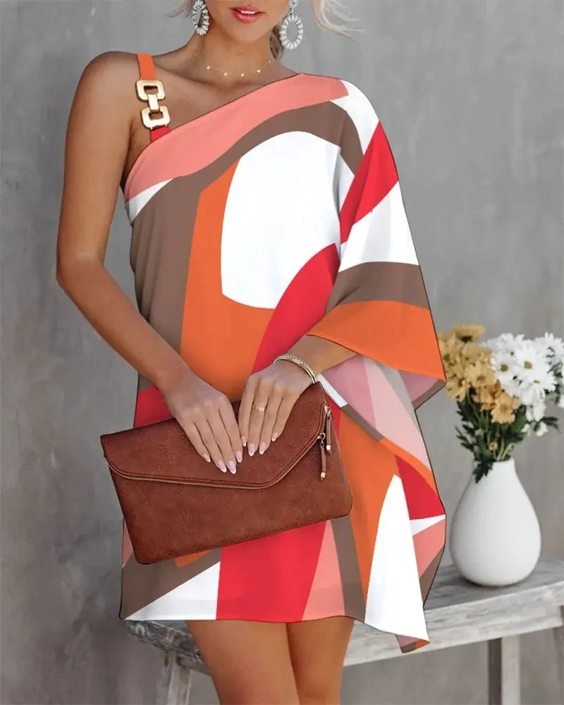 

One Shoulder Colorblock Chain Strap Dress Women Asymmetrical Casual Dress Summer 2022