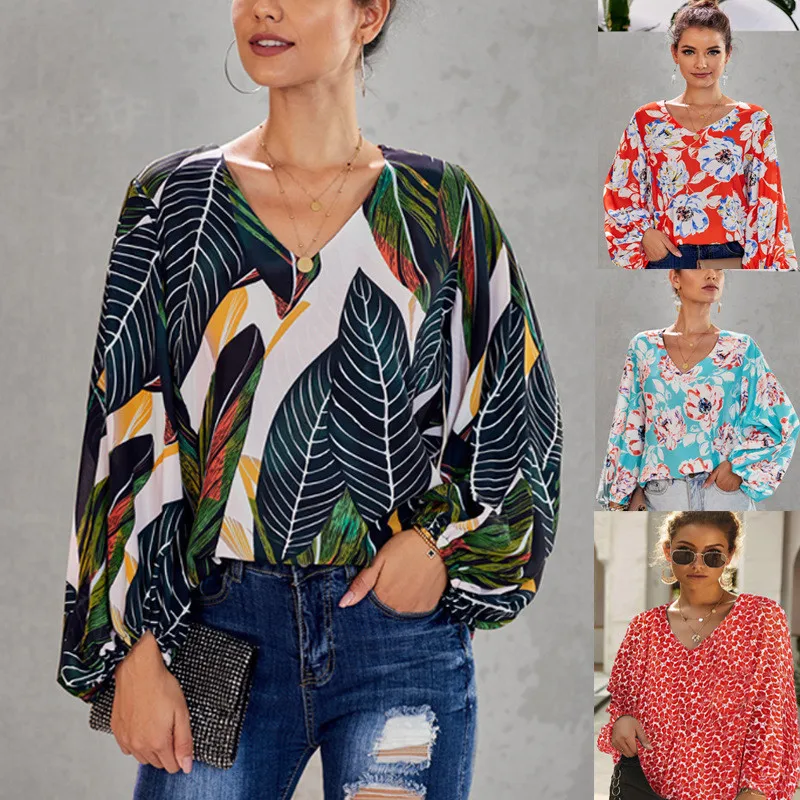 

Spring Autumn New Fashion Print Blouse Sexy V Neck Women's Shirts Casual Loose Print Lantern Sleeve Ladies Shirt Tops