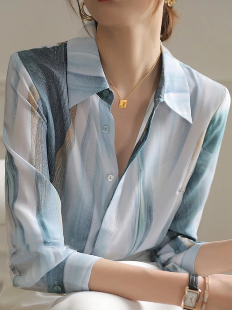 

Women Tops Advanced Gradient Printing Temperament Top 23 Spring Summer New Fashion Elegant Long Sleeve Women's Shirt Streetwear