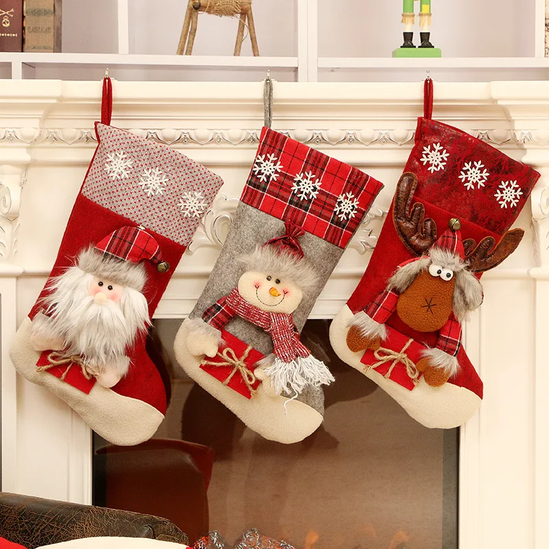 

Merry Christmas Stockings Santa Snowman Reindeer Xmas Character 3D Plush with Faux Fur Cuff Fireplace Stocking New Year Gift Bag