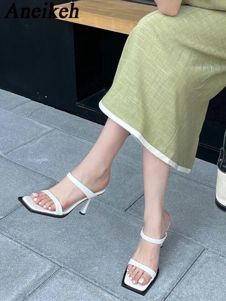 

Aneikeh 2024 Elegant Sexy PU High Heels Women's Summer Square Head Thin Heel Sandals Office & Career Zapatos Mules 35-39