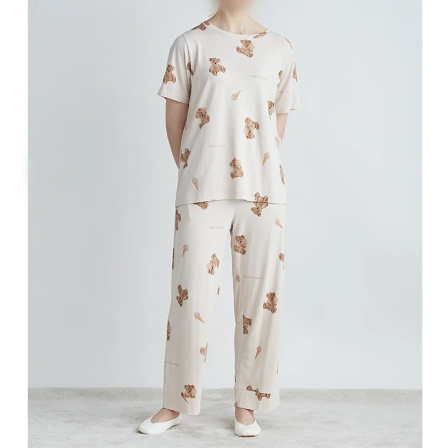 Gelato Pique Pajama Set Teddy Bear Cute Room Wear  Modal Round Neck Short Sleeve Trousers Suit Homewear