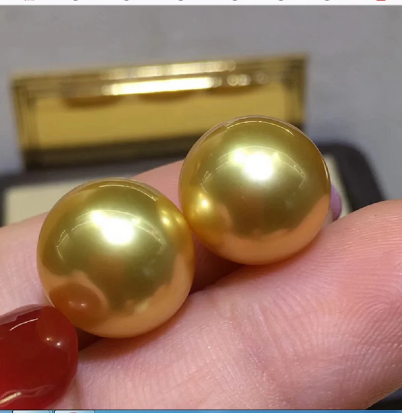 

Charming Pair Of 13-14mm Natural South Sea Genuine Golden Round Good Luste Loose Pearl Gem Genstone 106AAA