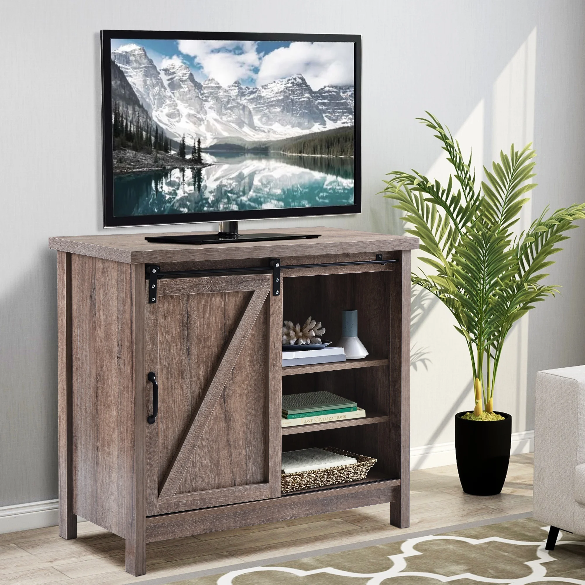 

Locker TV Stand Barn door farmhousewood entertainment center Console for Media removable door panel with for tvs up to 32'' Oak