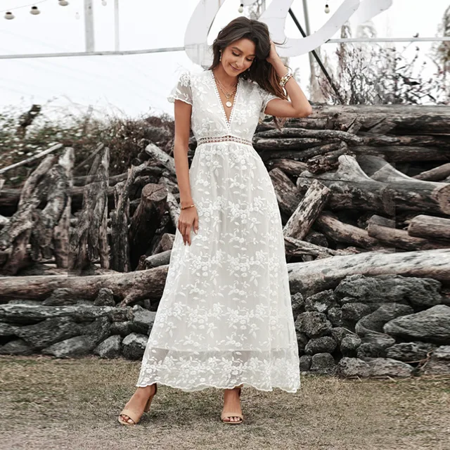 Sexy Deep V Neck Lace Flower Party Dress Women Chic Irregular Dress Spring  Summer Short Sleeve Lady Beach Dress - купить по выгодной цене | AliExpress