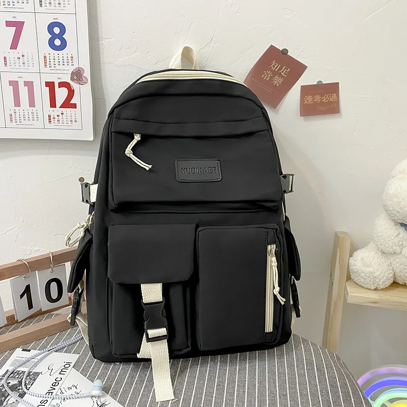 Mochila negra de lona de gran capacidad, Simple y ligera bolsa de viaje, mochila escolar para estudiantes, mochila de lona con cremallera