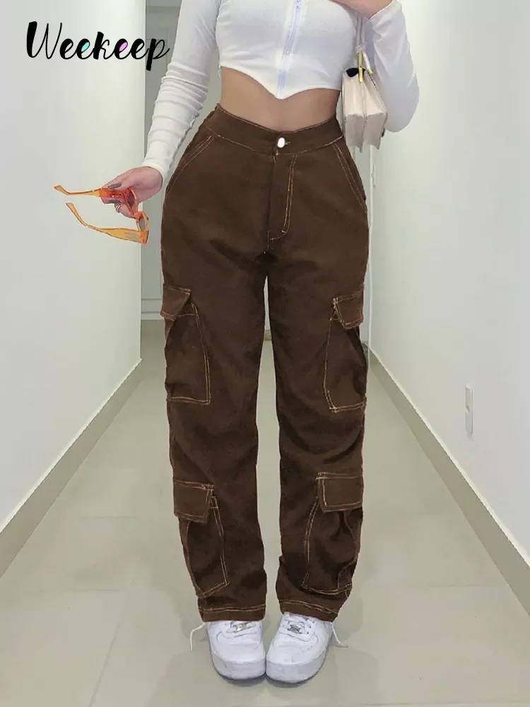 

Weekeep Vintage Brown High Waist Cargo Pants Women Fashion Big Pockets Patchwork Baggy Denim Jeans Harajuku Trousers Streetwear