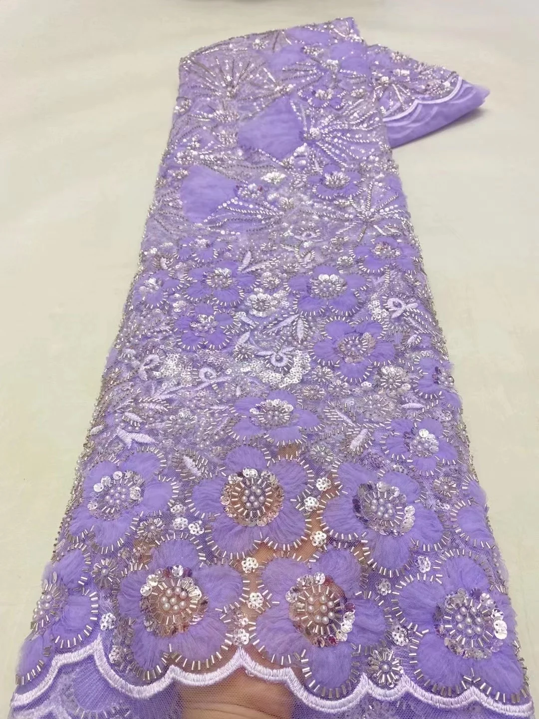 

Purple Lace Fabric African Sequence Lace Fabric 2022 High Quality Embroidery Beaded Tulle Lace With Pearls For Bridal