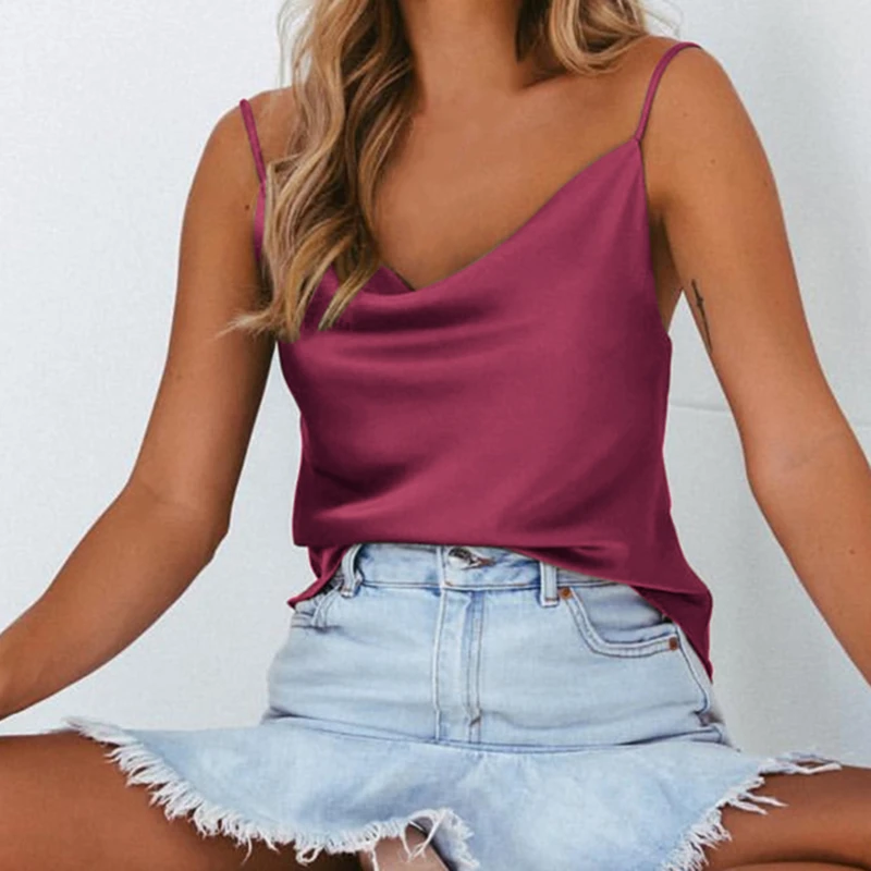 

Factory Direct Sales Women's Silk Satin Camisole Cami Plain Strappy Vest Tops Sleeveless Blouse Tank