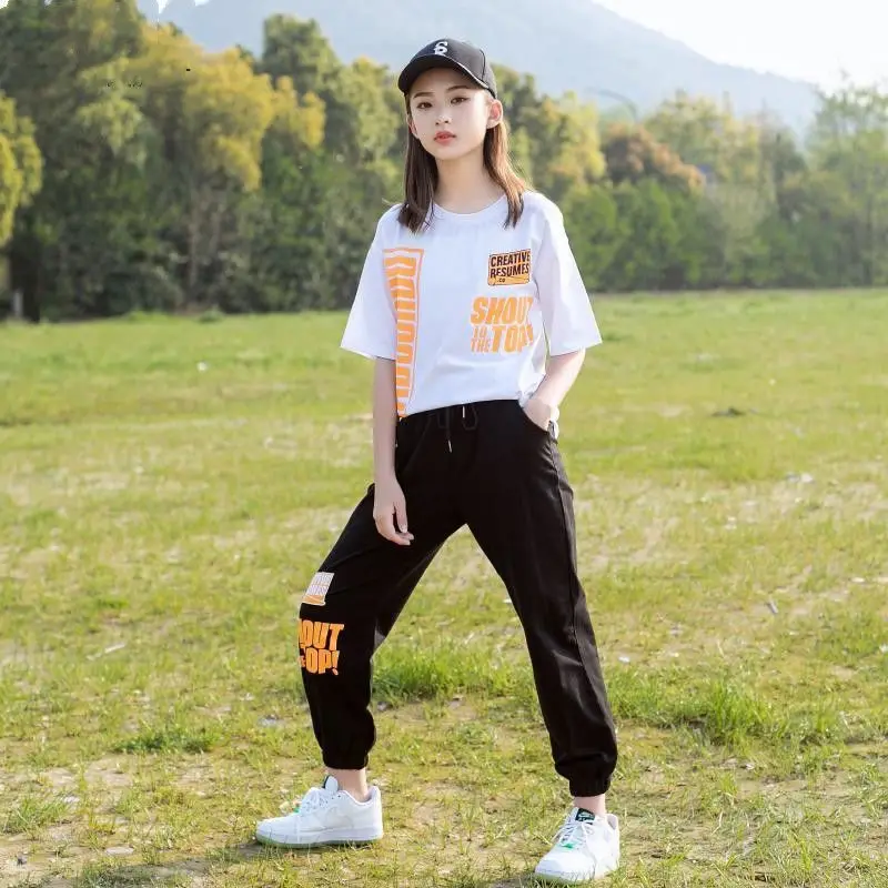 

Летний женский летний Повседневный Топ для девочек, белая футболка для школьниц + штаны для бега на шнурках, Детский комплект из 2 предметов, ...