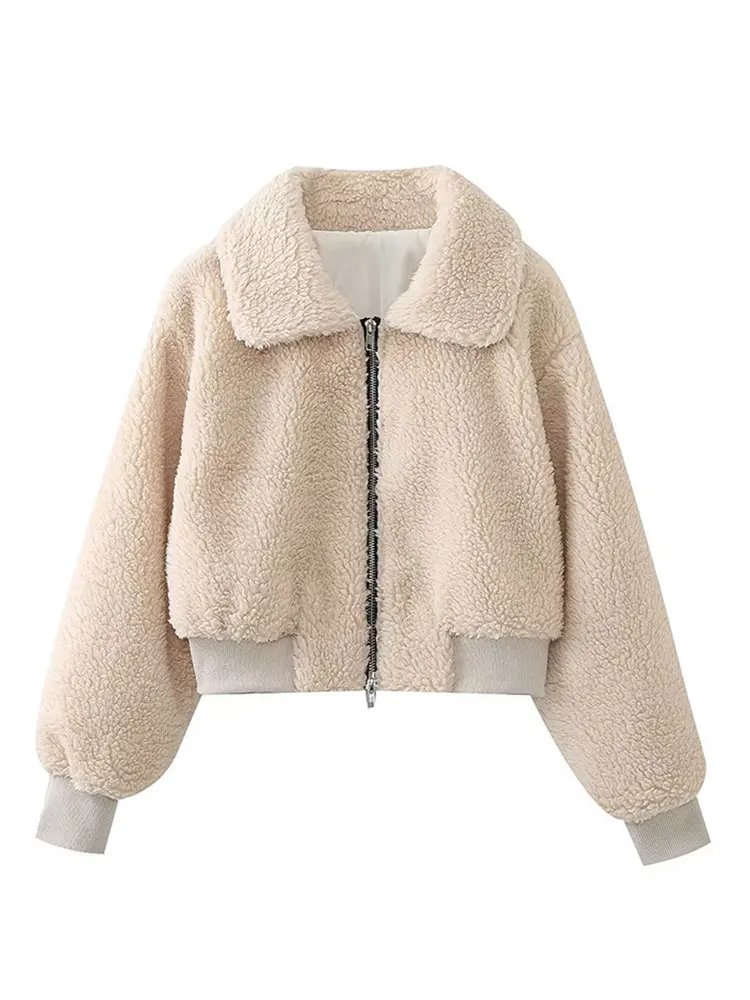 

Повседневная модная однотонная короткая куртка из овечьей шерсти женское Укороченное пальто на молнии с длинным рукавом осень/зима 2023 женская теплая уличная одежда