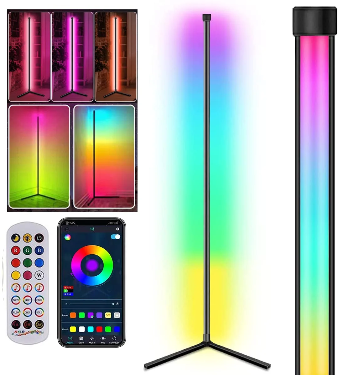 

RGB Modern Corner Floor Lamp Bluetooth Stand Lamp Color Changing Indoor Mood LED Lighting Dimmable with Remote Living Room Decor