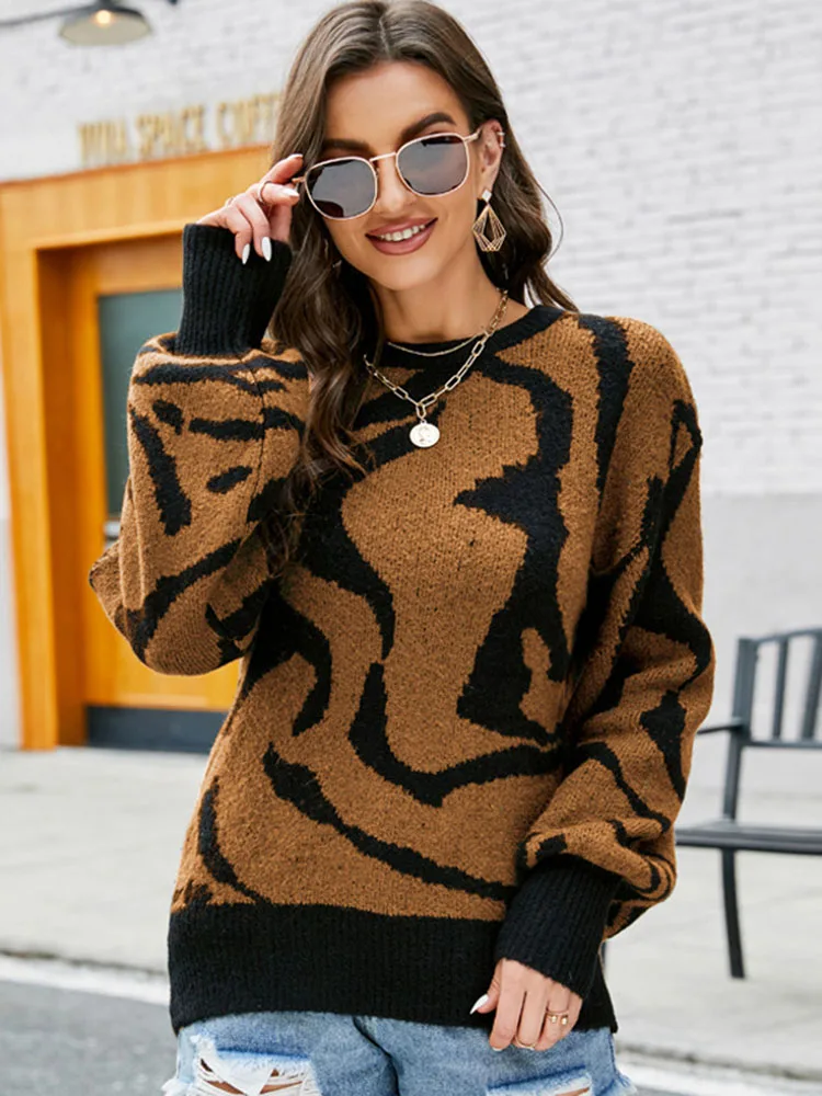 

Liooil Puff Sleeve Print Knit Ribbed Sweater Long Sleeve Knitting Pull Tops Female Jumpers 2023 New In Knitwears Loose Sweaters
