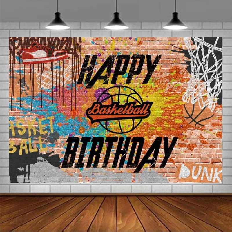 

Basketball Theme Happy Birthday Party Decoration Photography Backdrop For Boy Brick Wall Graffiti Sneakers Background Banner