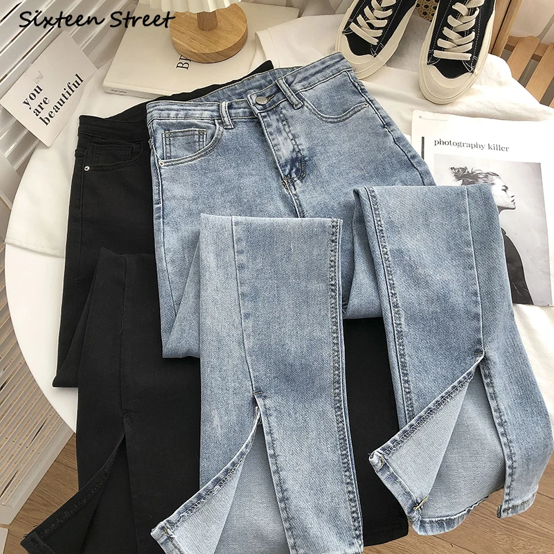 

Streetwear Elastic Denim Flare Pants Woman High Waist Vintage Blue Split Jeans Mom Korean Chic Gray Bell Bottom Jean Female