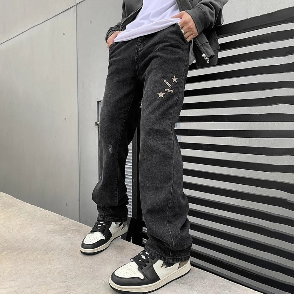 Retro Jeans Men Loose Straight Trend Street Hip Hop Y2K Embroisdery Men Denim Wide Leg Pant Vintage Skatebard