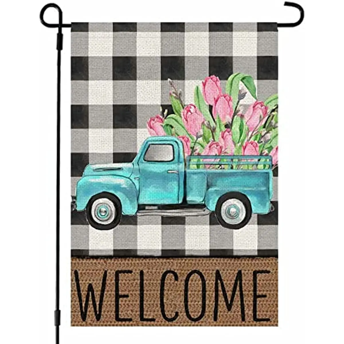 

Spring Garden Flag Blue Green Truck Floral Welcome 12×18 Inch Double Sided Outside Vertical Buffalo Plaid Holiday Yard Décor