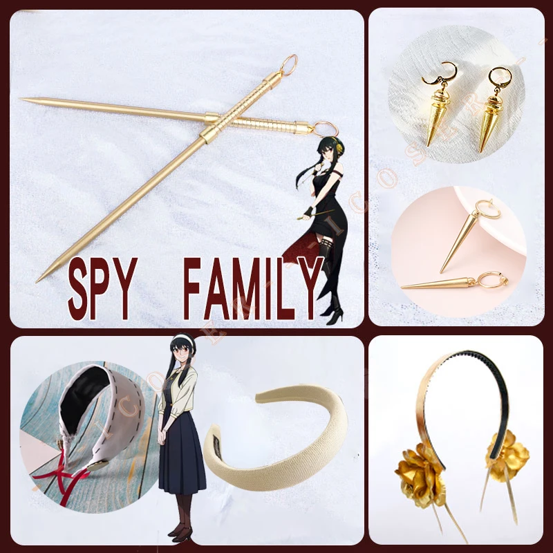 

Anime Spy×Family Yor Forger Cosplay Earrings Gold Tapered Rose Flowers White Headband Weapons Yor Briar Anya Forger's Mom Women