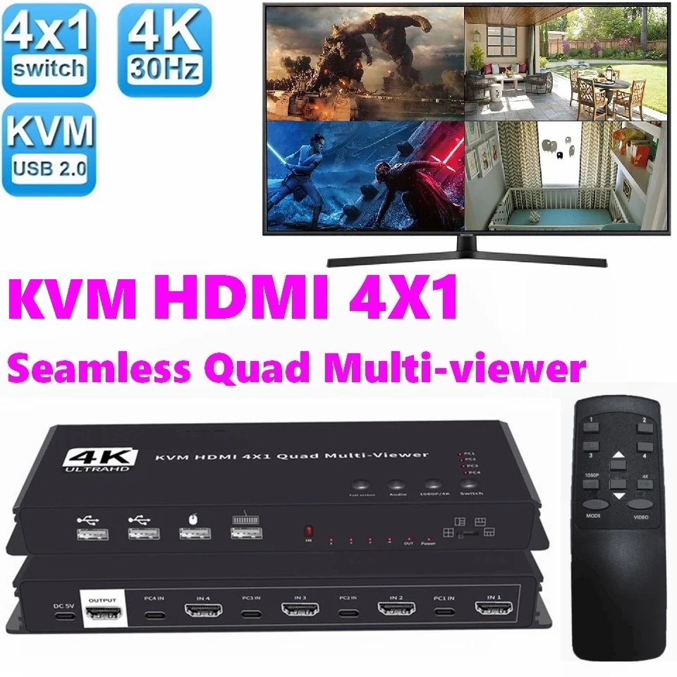 

HDMI 4x1 Multiviewer Switch 4K HDMI KVM 4 In 1 Out Seamless Quad Multi-viewer Video Cutting segmentati Switcher For 4 PC
