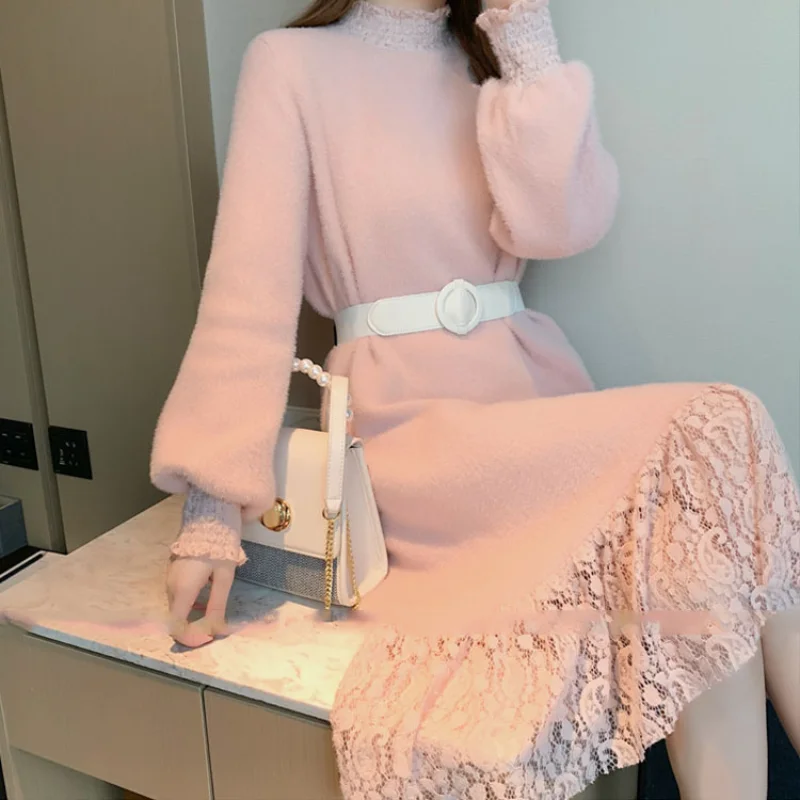 

New Autumn/winter Thickened Mink Cashmere Sweater with Long Korean Splicing Lace Dress for Women's Knitted Bottoming Skirt