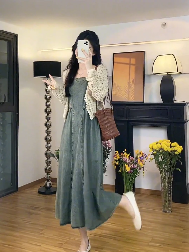 Новинка 2024 летний джинсовый кардиган на бретельках во французском стиле в ретро