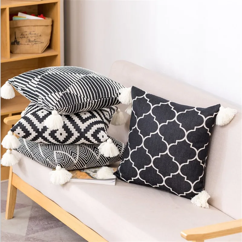 

Black Geometric Jacquard Cushion Cover Tassels Home Decorative Pillowcase 50x50cm Living Tassles for Sofa BedHome Decorative