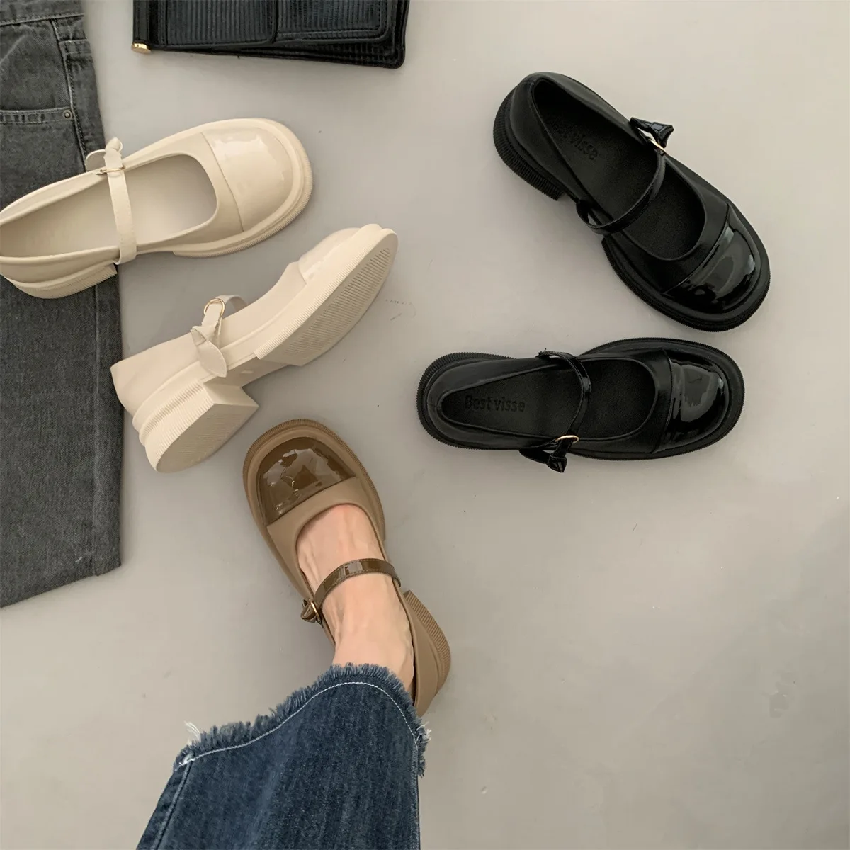 

Thick-heeled Mary Jane Shoes 2022 New Spring Retro Round-head White French with Skirt Heels