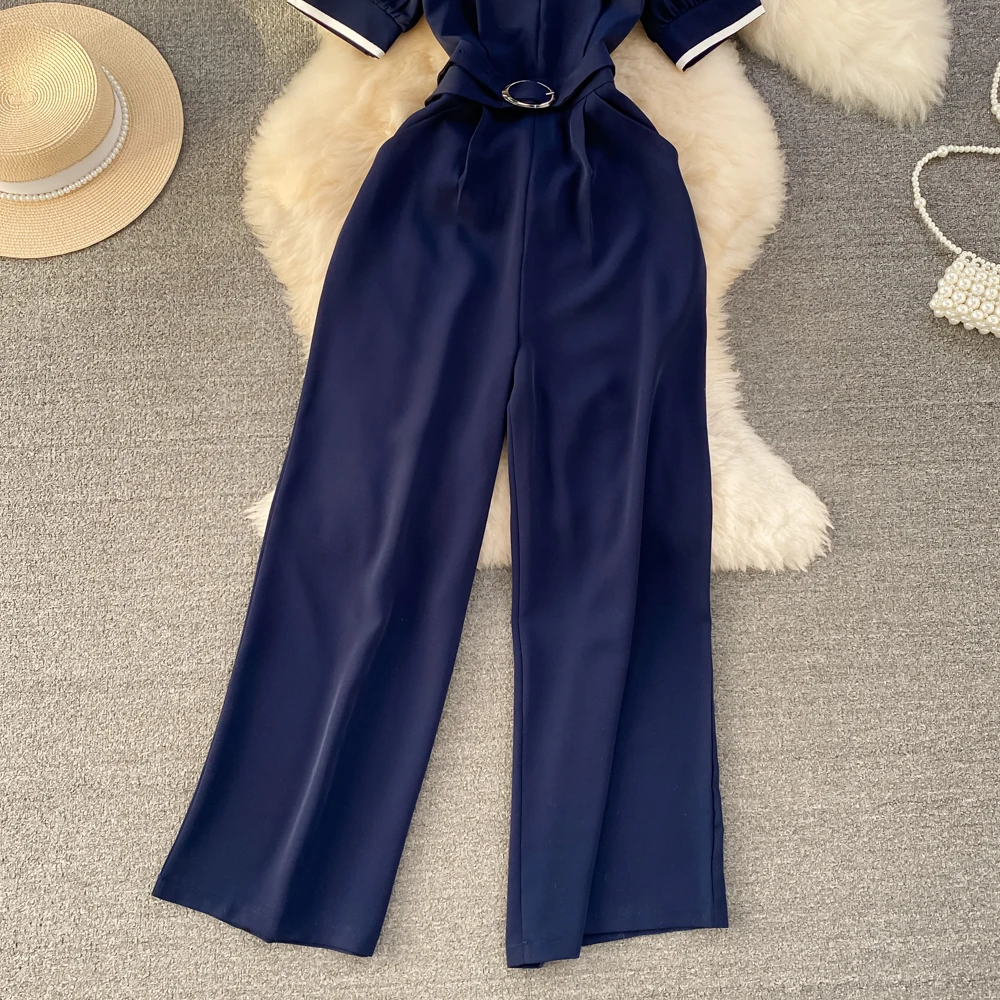 Clothland Women Fashion Sailor Collar Jumpsuits Belt Short Sleeve High Waist Navy Blue Long Playsuits Mujer KA347