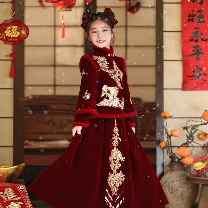 Детское платье ханьфу в стиле ретро новинка 2024 элегантная китайская праздничная