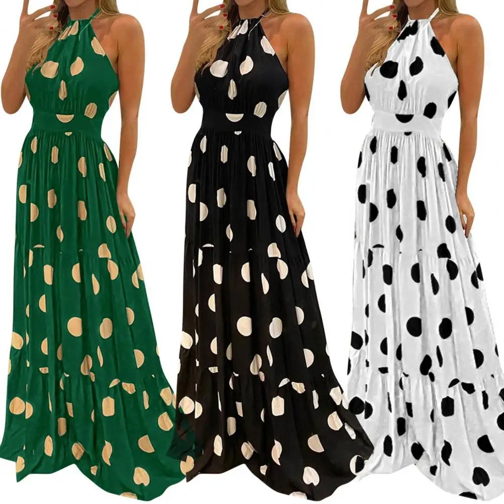 

2022 Womens Summer Boho Printed Backless Maxi Long Dress Off Shoulder Sleeveless Beach Dress Large Hem Dot Print Halter Sundress