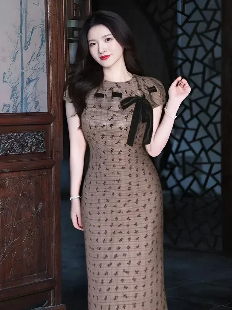 2024 летнее новое женское модное тонкое винтажное клетчатое платье с