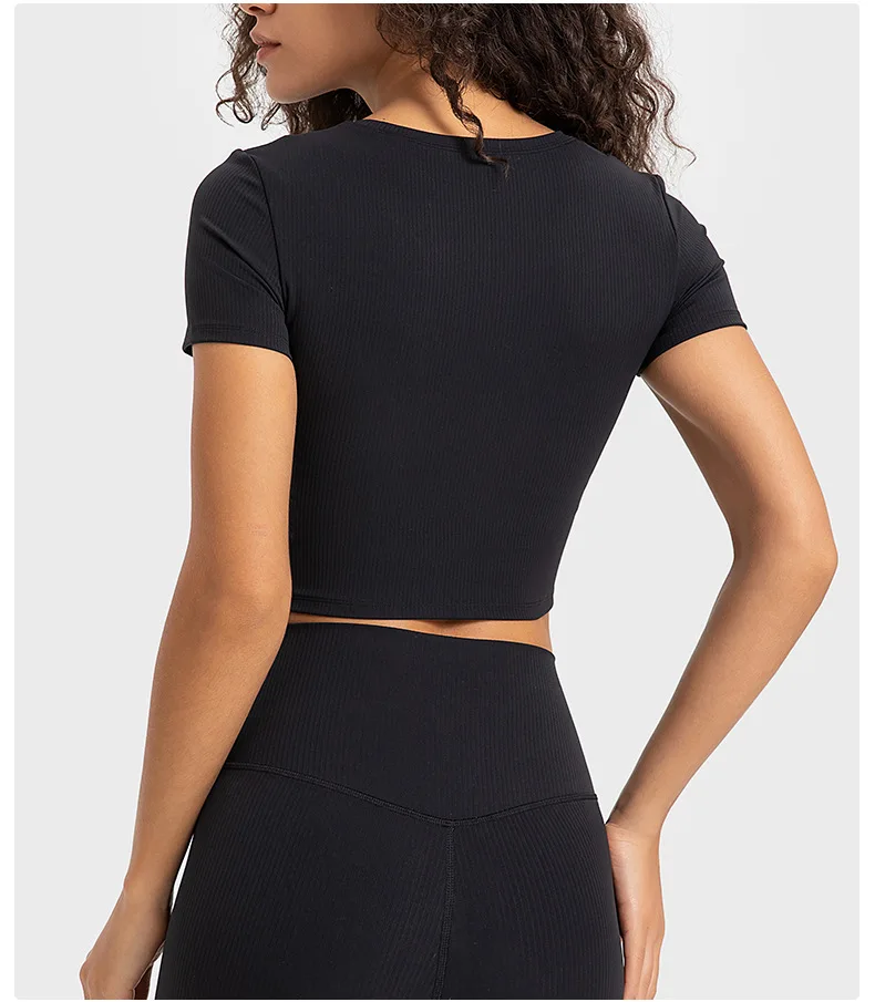 Women's Short Sleeve Top Shirts Gym Yoga Sport Womens Clothing Rib Fabric Crop Top T-shirts Outdoor Jogging Fitness Sportswear