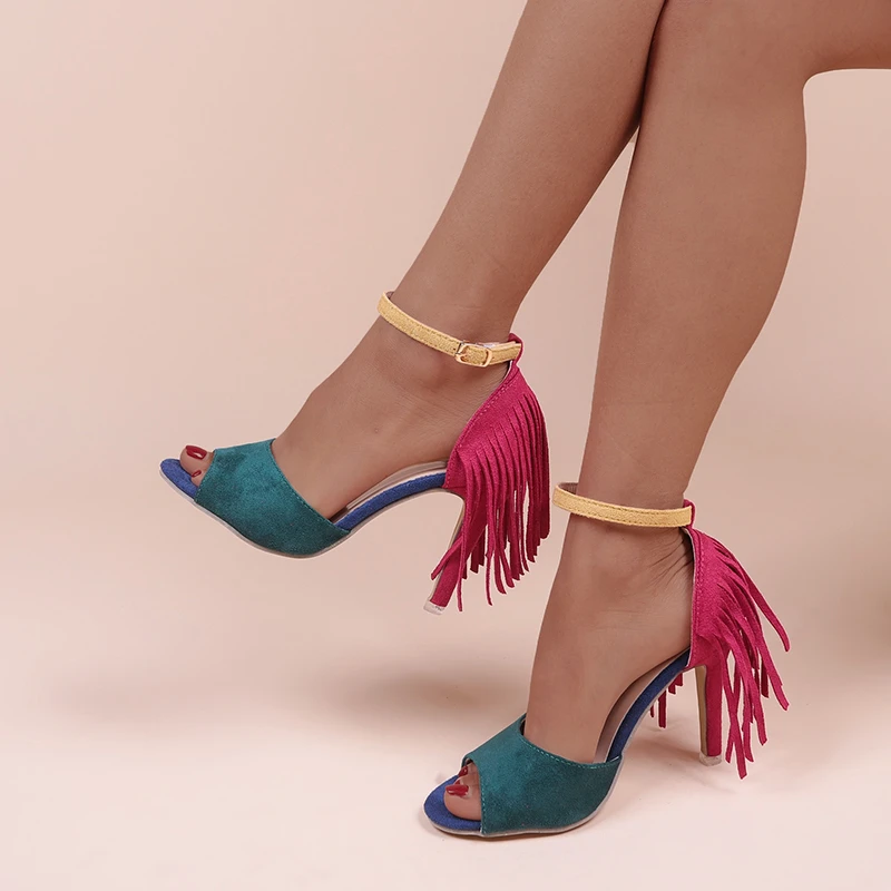 Suede Melancholy Open Toe Sandals Women's Party Shoes Fringe Ankle Buckle Light Sexy Sandals Summer Prom Cutout Designer
