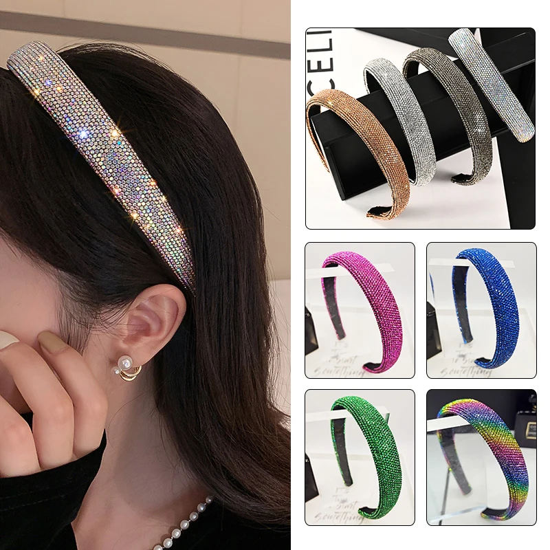 

Shiny Full Rhinestone Headbands Sparkly Wide Hair Hoop Hair Accessories Solid Color Non-slip Head Hoop Crystal Beaded Hairbands
