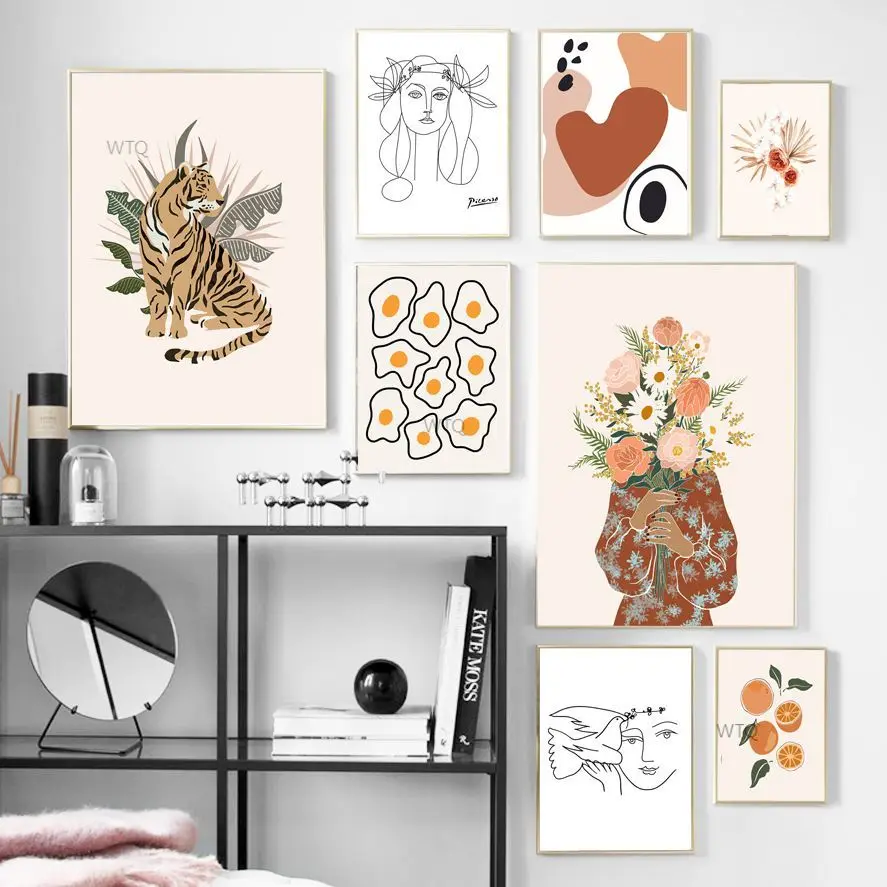 

Flower Line Girl Face Tiger Lemon Abstract Wall Art Canvas Painting Nordic Posters And Prints Wall Picture For Living Room Decor